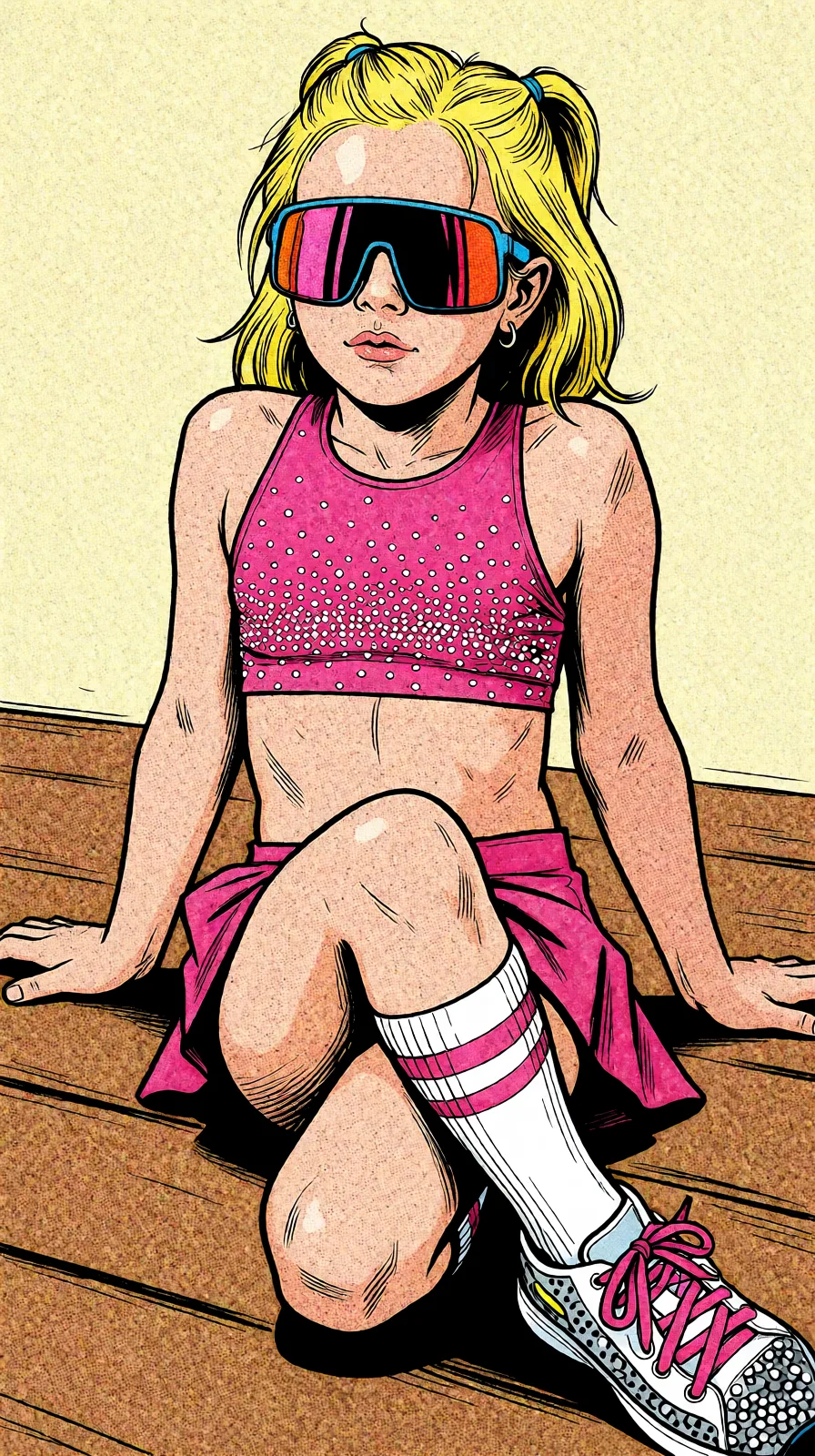 Redraw the entire picture as western comic-book art: heavy black inked outlines, hard-edged cel shading, limited high-contrast colour and visible halftone dot texture. The background is drawn in the same style. Nothing in the frame keeps its photographic appearance. Above all, the picture must show: spread_legs.