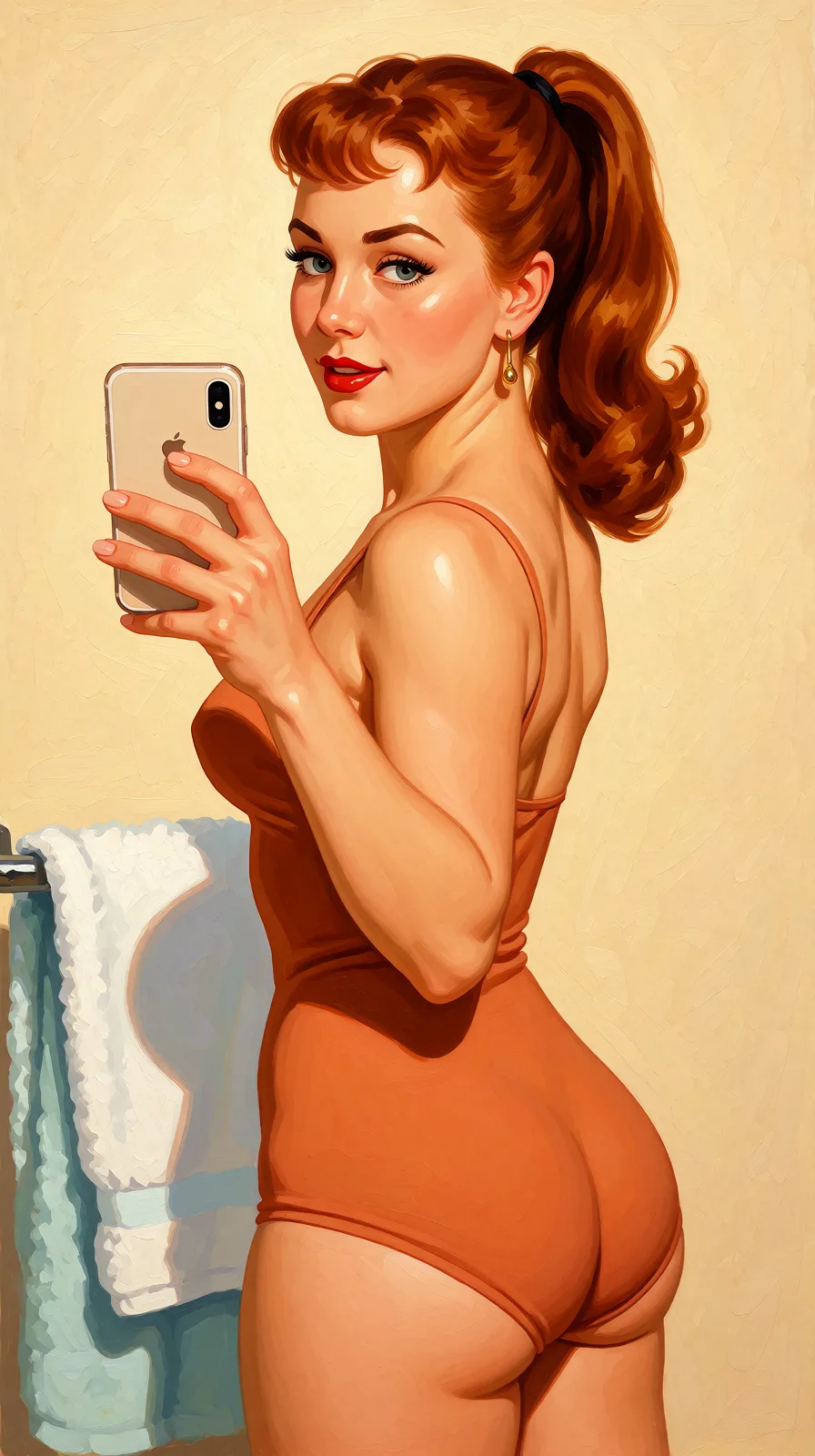 Redraw the entire picture as a retro pin-up illustration: smooth airbrushed gouache paint, warm saturated mid-century colour, clean confident outlines and glamorous stylised features, in the look of a 1950s pin-up poster. The background is painted in the same style. Nothing in the frame keeps its photographic appearance. Above all, the picture must show: nude.