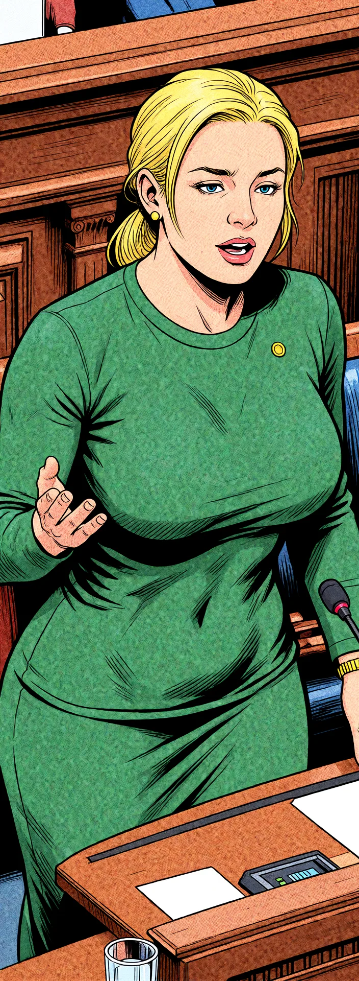 Redraw the entire picture as western comic-book art: heavy black inked outlines, hard-edged cel shading, limited high-contrast colour and visible halftone dot texture. The background is drawn in the same style. Nothing in the frame keeps its photographic appearance. Above all, the picture must show: Pov cowgirl_position sex.