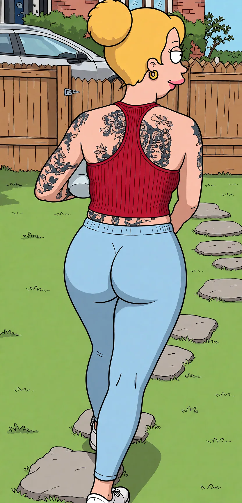 Redraw the entire picture as a western animated cartoon cel: thick even outlines, flat bright blocks of colour, simplified rounded shapes and hard-edged shadows, in the look of a television cartoon rather than of a camera. Keep the woman's adult proportions and adult figure exactly as they are; only the drawing style changes. The background is drawn in the same style. Nothing in the frame keeps its photographic appearance. Above all, the picture must show: Give her a butt crack.