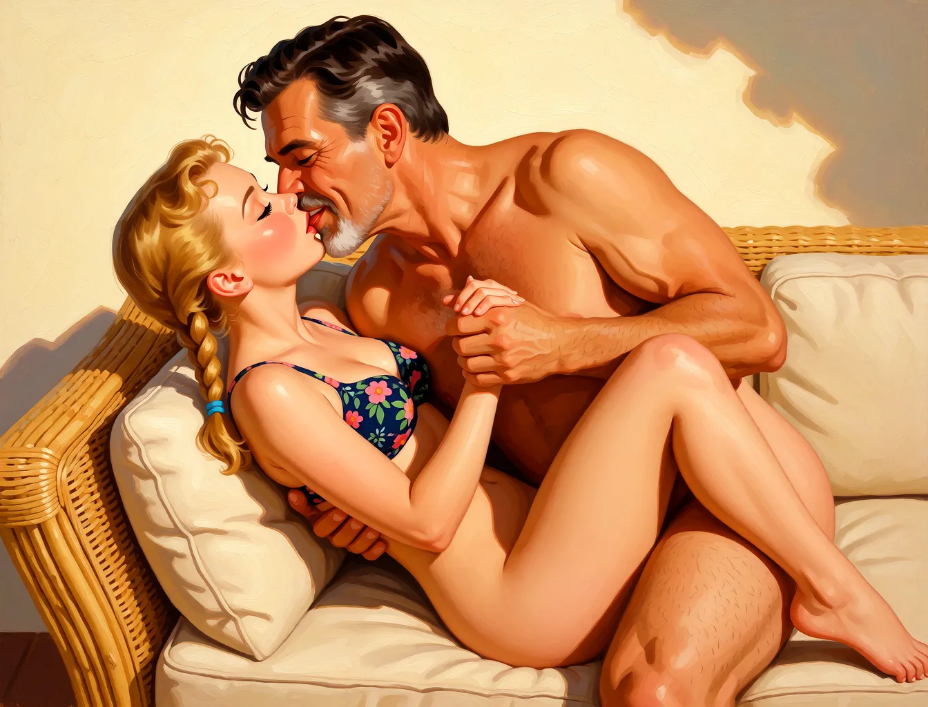 Redraw the entire picture as a retro pin-up illustration: smooth airbrushed gouache paint, warm saturated mid-century colour, clean confident outlines and glamorous stylised features, in the look of a 1950s pin-up poster. The background is painted in the same style. Nothing in the frame keeps its photographic appearance. Above all, the picture must show: They are both nude. they are kissing passionately. his is over her. he is in beween her legs. her legs are wrapped around his waist.