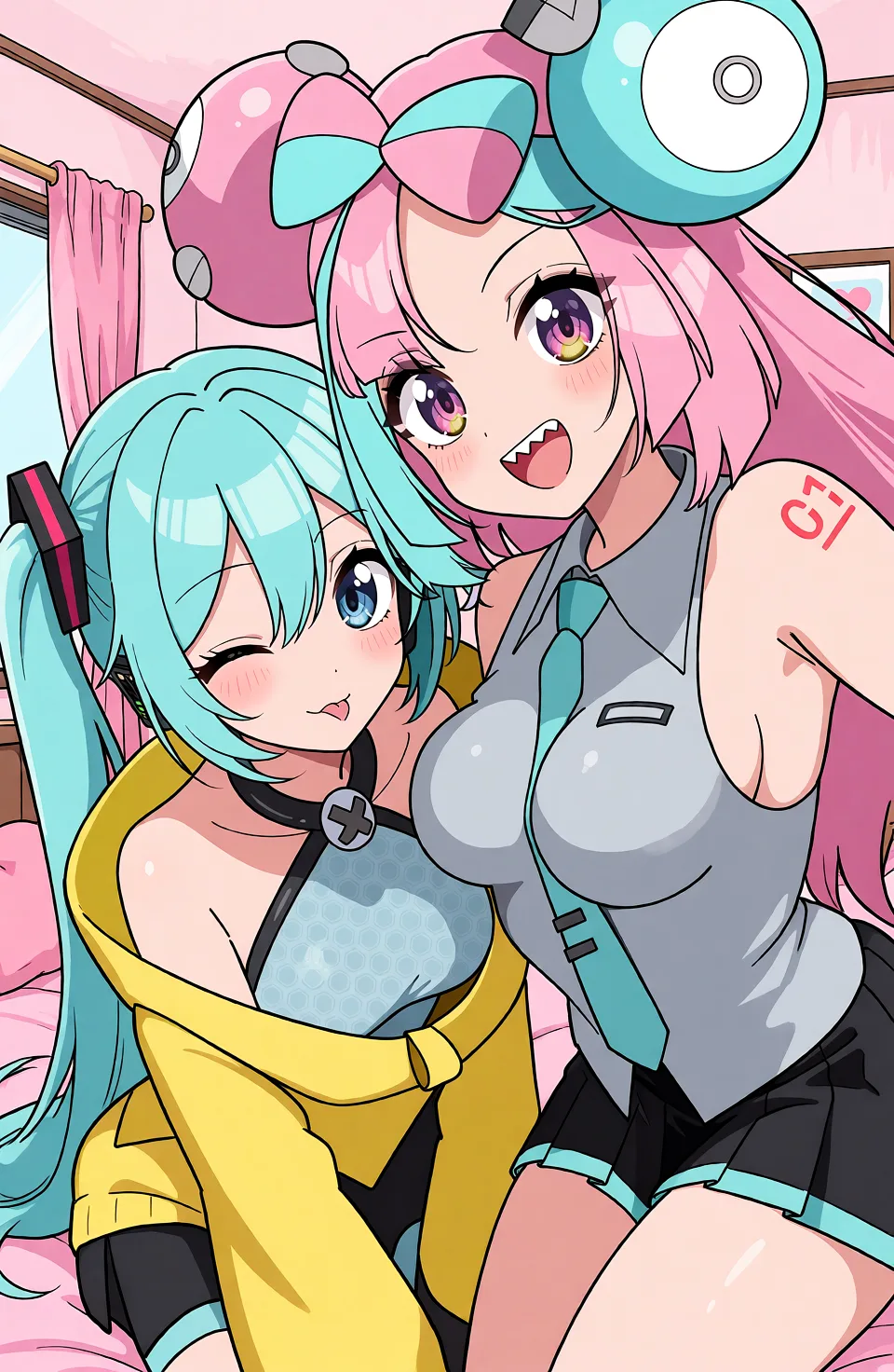 Redraw the entire picture as a hand-drawn anime illustration in flat cel-shaded anime style. It stays the same person with the same face, the same expression, the same hair and the same skin tone, and every other detail of the photograph is kept exactly as it is: nothing is added, removed, moved, uncovered or recoloured. Only the medium changes, and no part of the picture is left photographic. Above all, the picture must show: yuri bedroom.