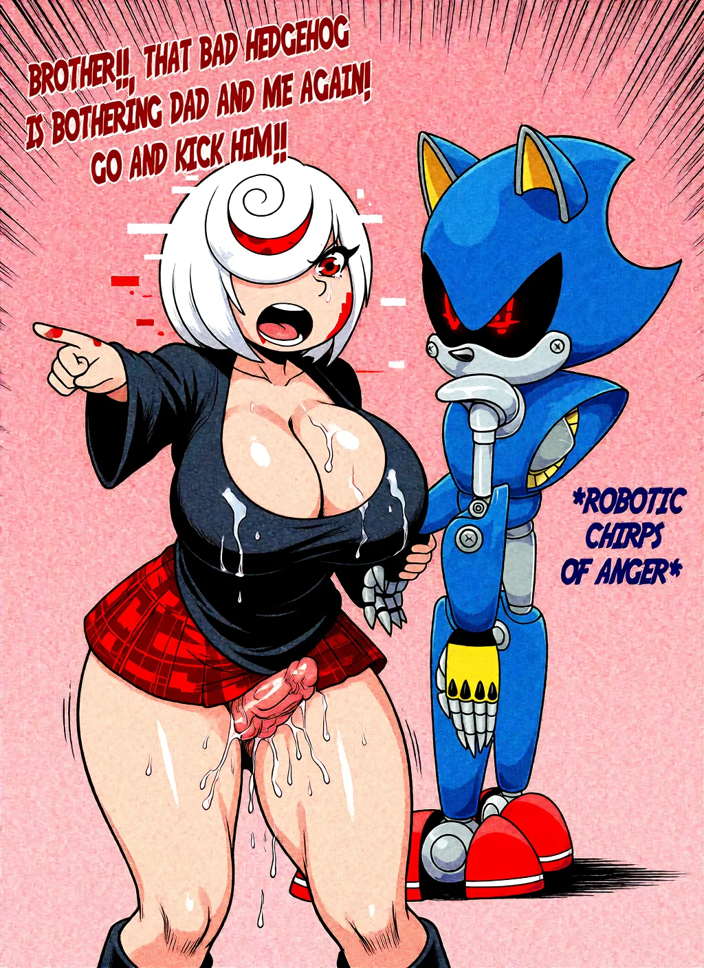Redraw the entire picture as western comic-book art: heavy black inked outlines, hard-edged cel shading, limited high-contrast colour and visible halftone dot texture. The background is drawn in the same style. Nothing in the frame keeps its photographic appearance. Above all, the picture must show: Make sage giant boobs, wet pussy, thick thighs, harden nipples.