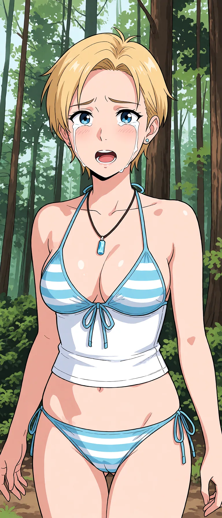 Redraw the entire picture as a hand-drawn anime illustration in flat cel-shaded anime style. It stays the same person with the same face, the same expression, the same hair and the same skin tone, and every other detail of the photograph is kept exactly as it is: nothing is added, removed, moved, uncovered or recoloured. Only the medium changes, and no part of the picture is left photographic. Above all, the picture must show: bikinis.