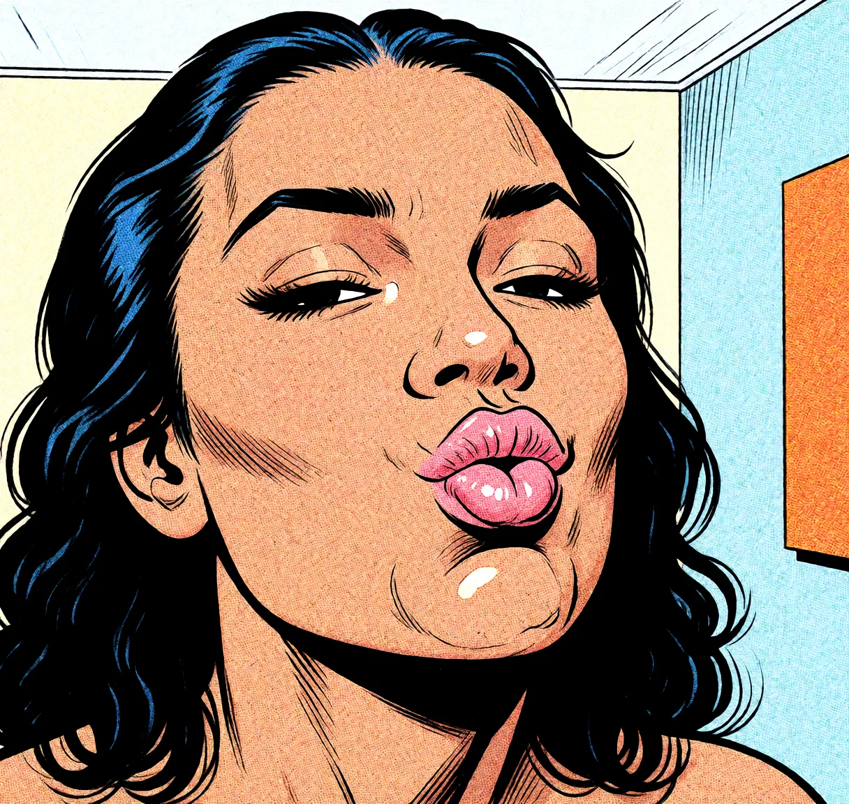 Redraw the entire picture as western comic-book art: heavy black inked outlines, hard-edged cel shading, limited high-contrast colour and visible halftone dot texture. The background is drawn in the same style. Nothing in the frame keeps its photographic appearance. Above all, the picture must show: Kissing dick puckered up.