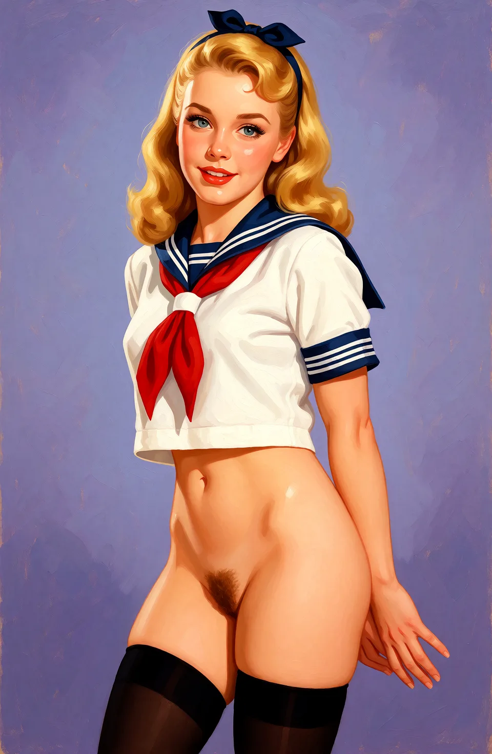 Redraw the entire picture as a retro pin-up illustration: smooth airbrushed gouache paint, warm saturated mid-century colour, clean confident outlines and glamorous stylised features, in the look of a 1950s pin-up poster. The background is painted in the same style. Nothing in the frame keeps its photographic appearance. Above all, the picture must show: Nude except for thighhighs.