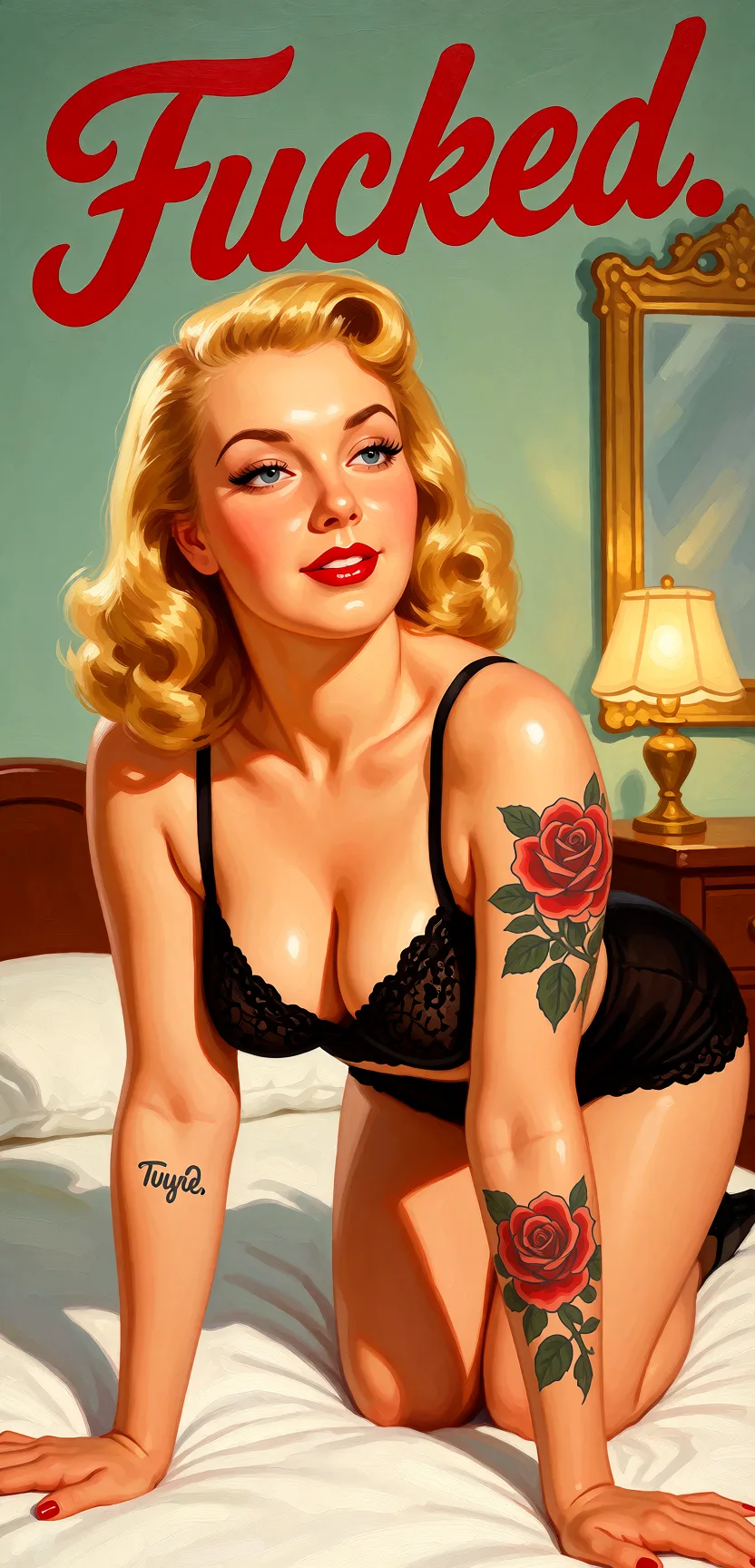 Redraw the entire picture as a retro pin-up illustration: smooth airbrushed gouache paint, warm saturated mid-century colour, clean confident outlines and glamorous stylised features, in the look of a 1950s pin-up poster. The background is painted in the same style. Nothing in the frame keeps its photographic appearance. Above all, the picture must show: Fucked.