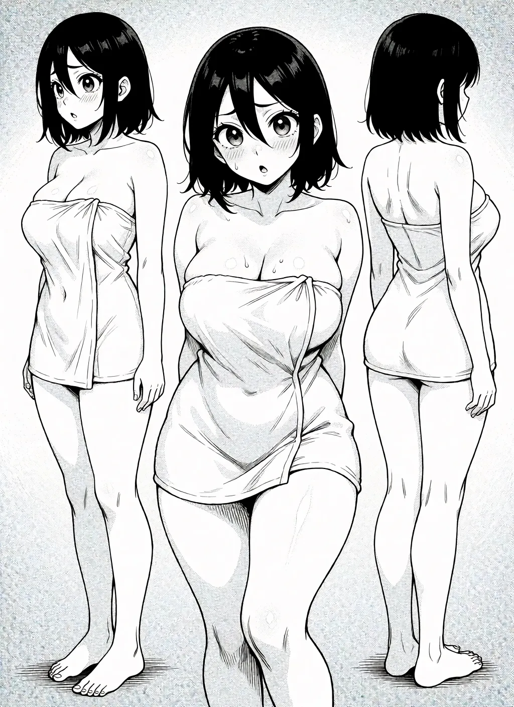Redraw the entire picture as a black and white manga page: crisp black ink line art, no colour anywhere, flat halftone screentone shading, hatched shadows and clean white highlights, in the look of a printed manga panel. The background is drawn in the same style. Nothing in the frame keeps its photographic appearance. Above all, the picture must show: underwear_only 
cum_in_pussy 
multiple_views.