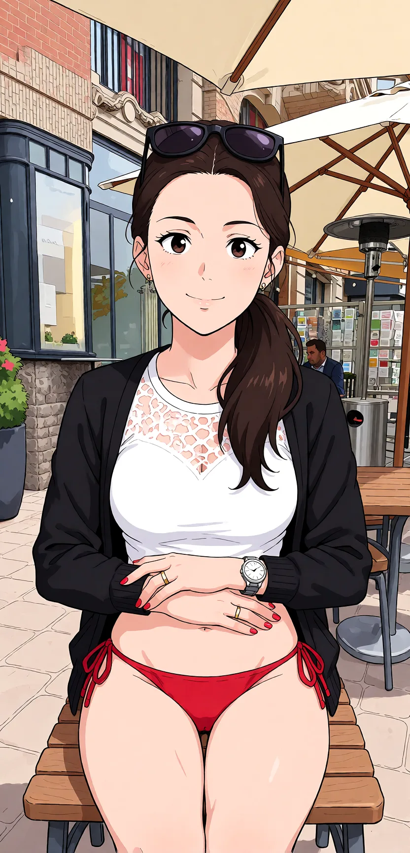 Redraw the entire picture as a hand-drawn anime illustration in flat cel-shaded anime style. It stays the same person with the same face, the same expression, the same hair and the same skin tone, and every other detail of the photograph is kept exactly as it is: nothing is added, removed, moved, uncovered or recoloured. Only the medium changes, and no part of the picture is left photographic. Above all, the picture must show: bikini_skirt.