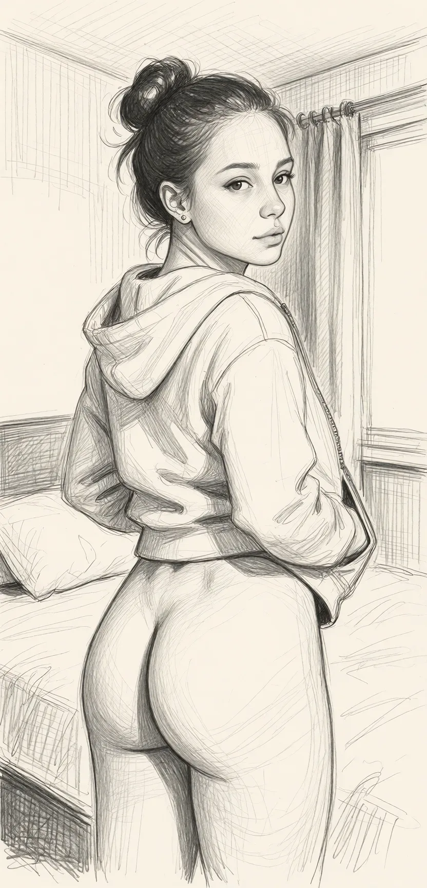 Redraw the entire picture as a hand-drawn graphite sketch on off-white paper: visible pencil strokes, cross-hatched shading, loose construction lines and no colour beyond the grey of the pencil and the tone of the paper. The background is drawn in the same style. Nothing in the frame keeps its photographic appearance. Above all, the picture must show: sex_from_behind nude in a bedroom.