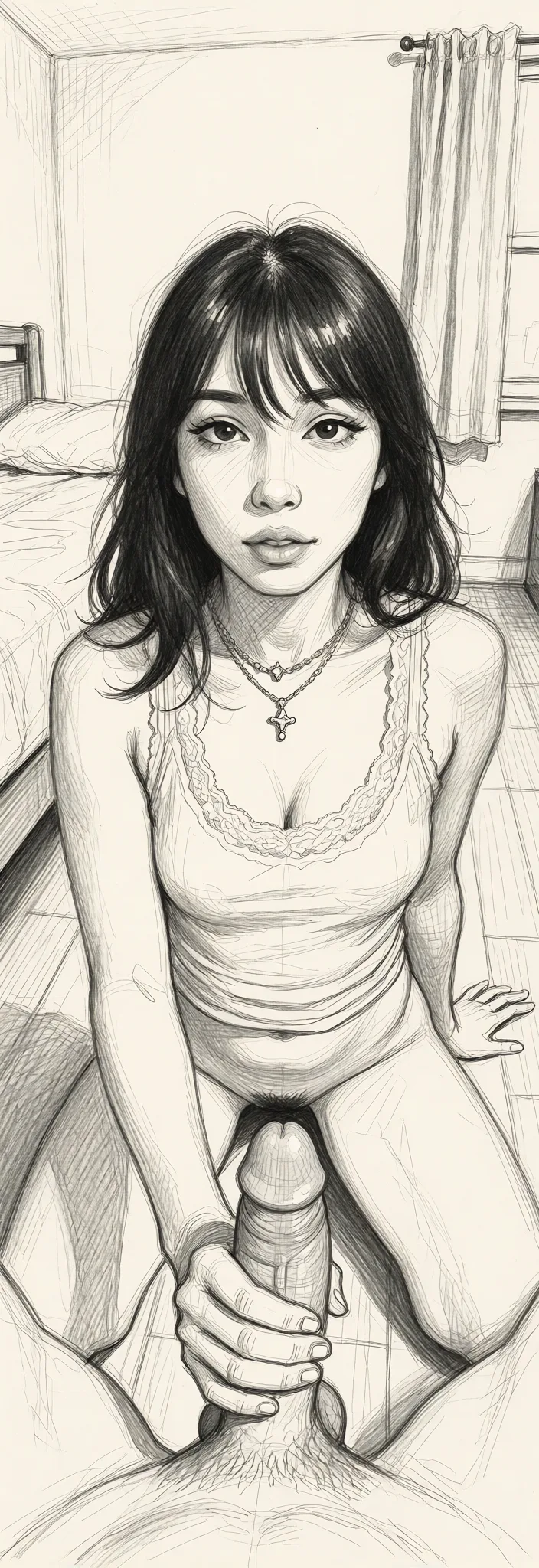 Redraw the entire picture as a hand-drawn graphite sketch on off-white paper: visible pencil strokes, cross-hatched shading, loose construction lines and no colour beyond the grey of the pencil and the tone of the paper. The background is drawn in the same style. Nothing in the frame keeps its photographic appearance. Above all, the picture must show: sitting nude on the wooden_floor in a bedroom and performs fellatio in pov of the male.