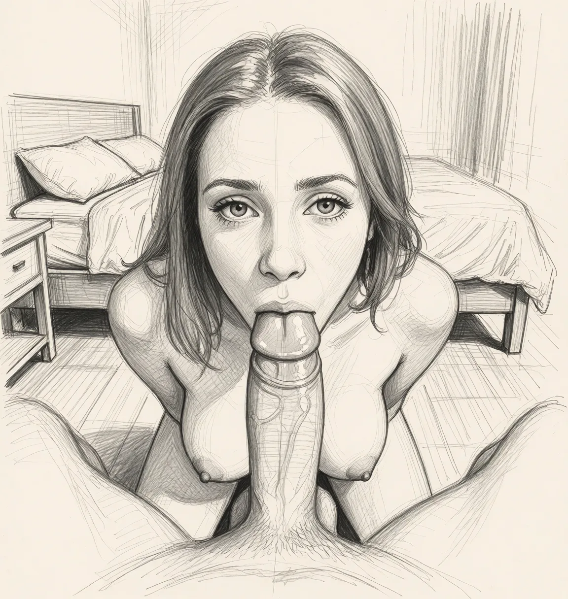 Redraw the entire picture as a hand-drawn graphite sketch on off-white paper: visible pencil strokes, cross-hatched shading, loose construction lines and no colour beyond the grey of the pencil and the tone of the paper. The background is drawn in the same style. Nothing in the frame keeps its photographic appearance. Above all, the picture must show: kneeling nude with large_breasts on a wooden_floor in a bedroom performig fellatio in pov of the male.