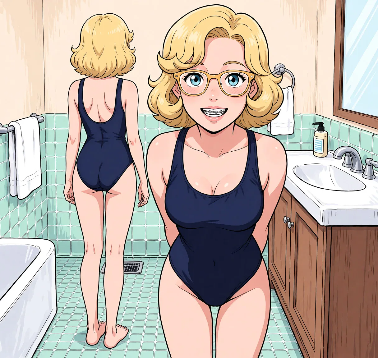 Redraw the entire picture as a hand-drawn anime illustration in flat cel-shaded anime style. It stays the same person with the same face, the same expression, the same hair and the same skin tone, and every other detail of the photograph is kept exactly as it is: nothing is added, removed, moved, uncovered or recoloured. Only the medium changes, and no part of the picture is left photographic. Above all, the picture must show: from_behind standing_sex on_floor in a swimsuit in a bathroom.