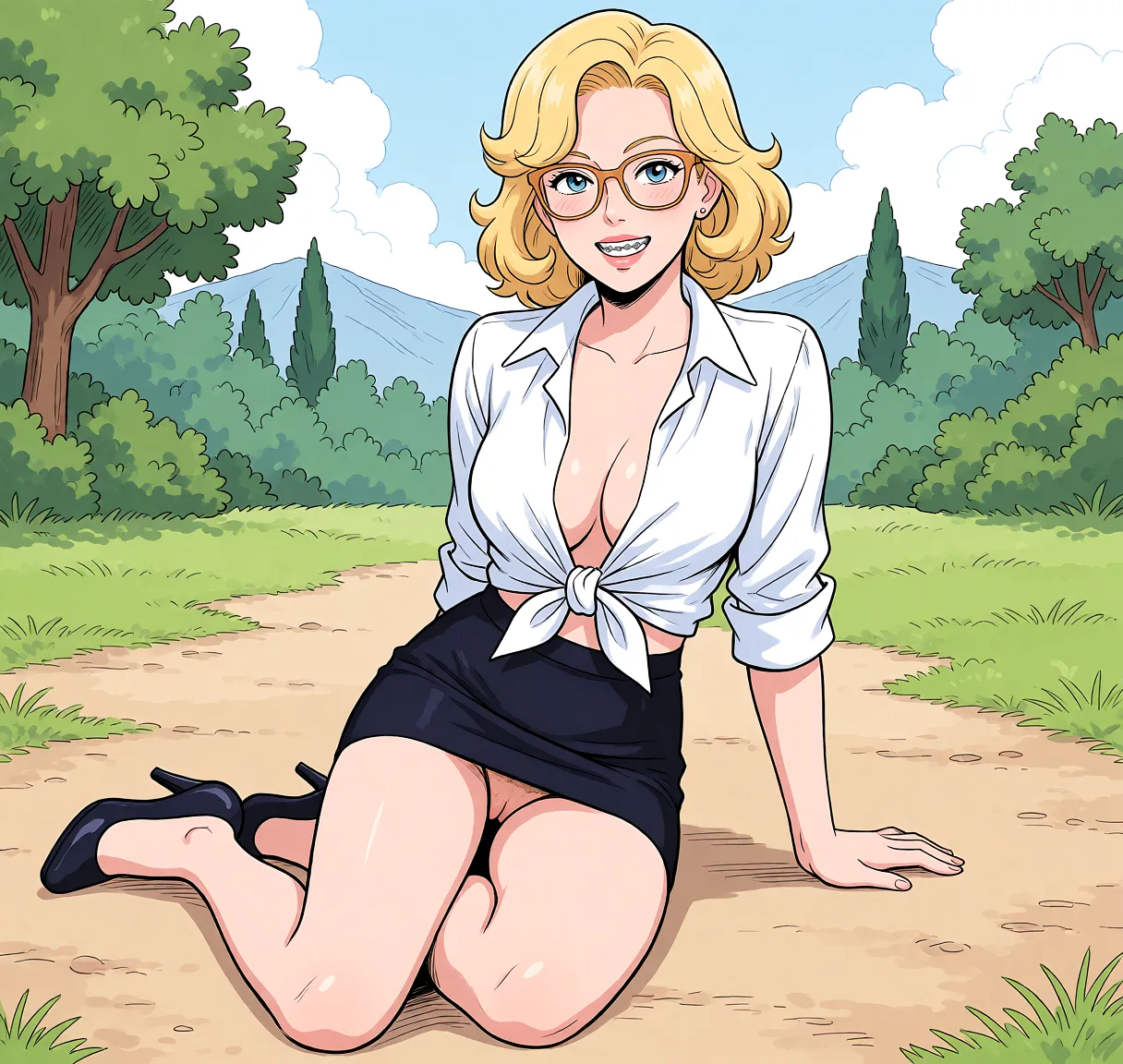 Redraw the entire picture as a hand-drawn anime illustration in flat cel-shaded anime style. It stays the same person with the same face, the same expression, the same hair and the same skin tone, and every other detail of the photograph is kept exactly as it is: nothing is added, removed, moved, uncovered or recoloured. Only the medium changes, and no part of the picture is left photographic. Above all, the picture must show: leg_up on_floor wearing a miniskirt, high_heels and a tied_shirt outdoors.