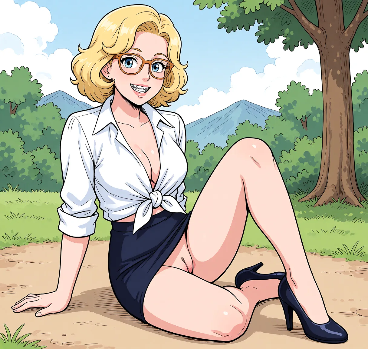 Redraw the entire picture as a hand-drawn anime illustration in flat cel-shaded anime style. It stays the same person with the same face, the same expression, the same hair and the same skin tone, and every other detail of the photograph is kept exactly as it is: nothing is added, removed, moved, uncovered or recoloured. Only the medium changes, and no part of the picture is left photographic. Above all, the picture must show: legs_up on_floor wearing a miniskirt, high_heels and a tied_shirt outdoors.