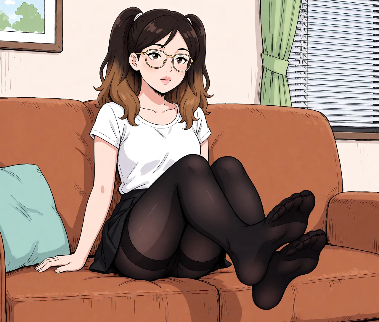 Redraw the entire picture as a hand-drawn anime illustration in flat cel-shaded anime style. It stays the same person with the same face, the same expression, the same hair and the same skin tone, and every other detail of the photograph is kept exactly as it is: nothing is added, removed, moved, uncovered or recoloured. Only the medium changes, and no part of the picture is left photographic. Above all, the picture must show: living room, sitting on_couch wearing a black_skirt and a black_pantyhose presenting both of her feet.
