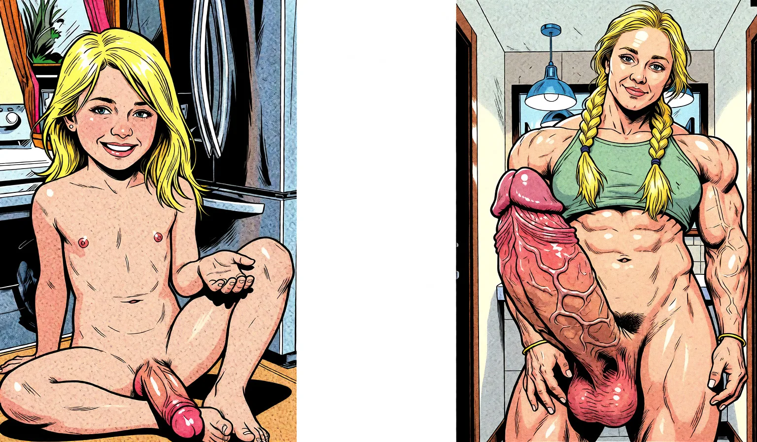 Redraw the entire picture as western comic-book art: heavy black inked outlines, hard-edged cel shading, limited high-contrast colour and visible halftone dot texture. The background is drawn in the same style. Nothing in the frame keeps its photographic appearance. Above all, the picture must show: fellatio.