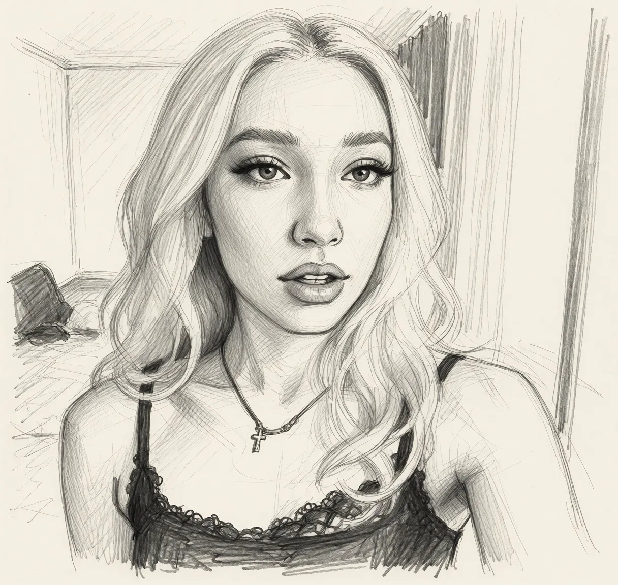 Redraw the entire picture as a hand-drawn graphite sketch on off-white paper: visible pencil strokes, cross-hatched shading, loose construction lines and no colour beyond the grey of the pencil and the tone of the paper. The background is drawn in the same style. Nothing in the frame keeps its photographic appearance. Above all, the picture must show: Девушка делает минет чернокожему мужчине.