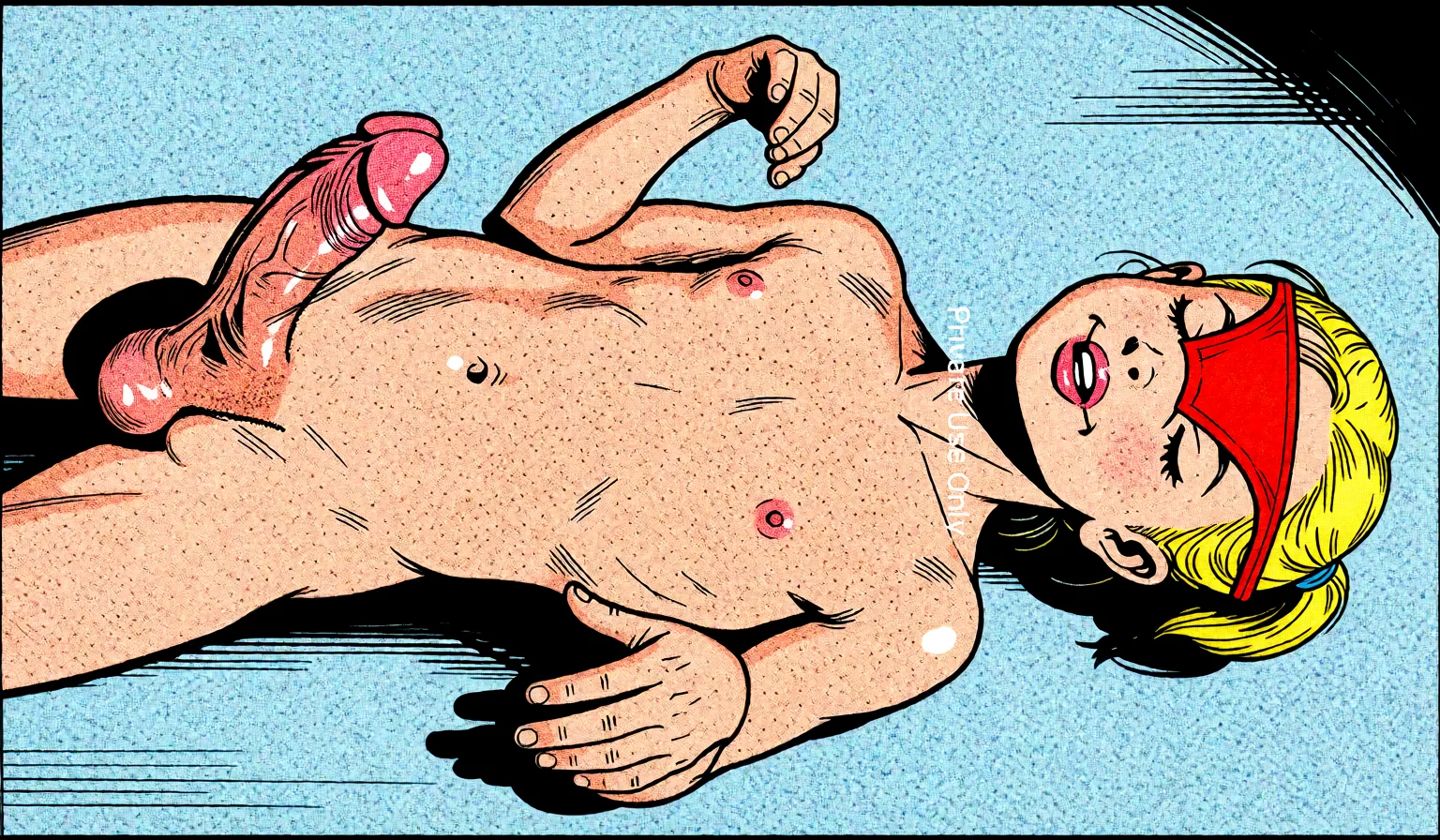 Redraw the entire picture as western comic-book art: heavy black inked outlines, hard-edged cel shading, limited high-contrast colour and visible halftone dot texture. The background is drawn in the same style. Nothing in the frame keeps its photographic appearance. Above all, the picture must show: pink bikini_top_only.