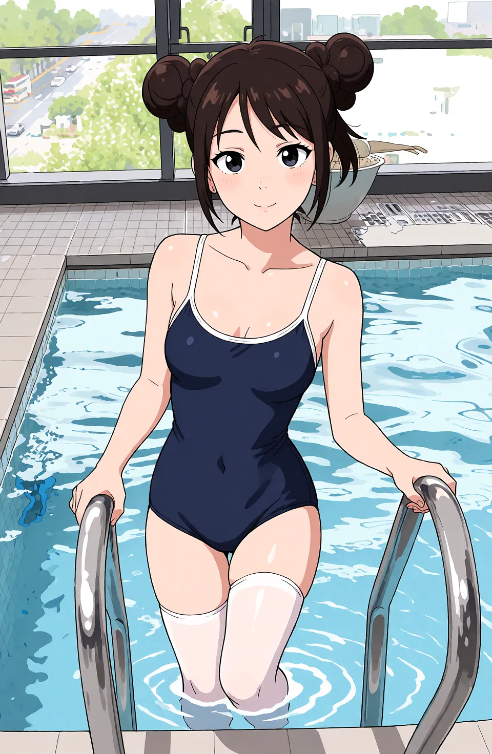 Redraw the entire picture as a hand-drawn anime illustration in flat cel-shaded anime style. It stays the same person with the same face, the same expression, the same hair and the same skin tone, and every other detail of the photograph is kept exactly as it is: nothing is added, removed, moved, uncovered or recoloured. Only the medium changes, and no part of the picture is left photographic. Above all, the picture must show: 脱光衣服，塞上口塞.