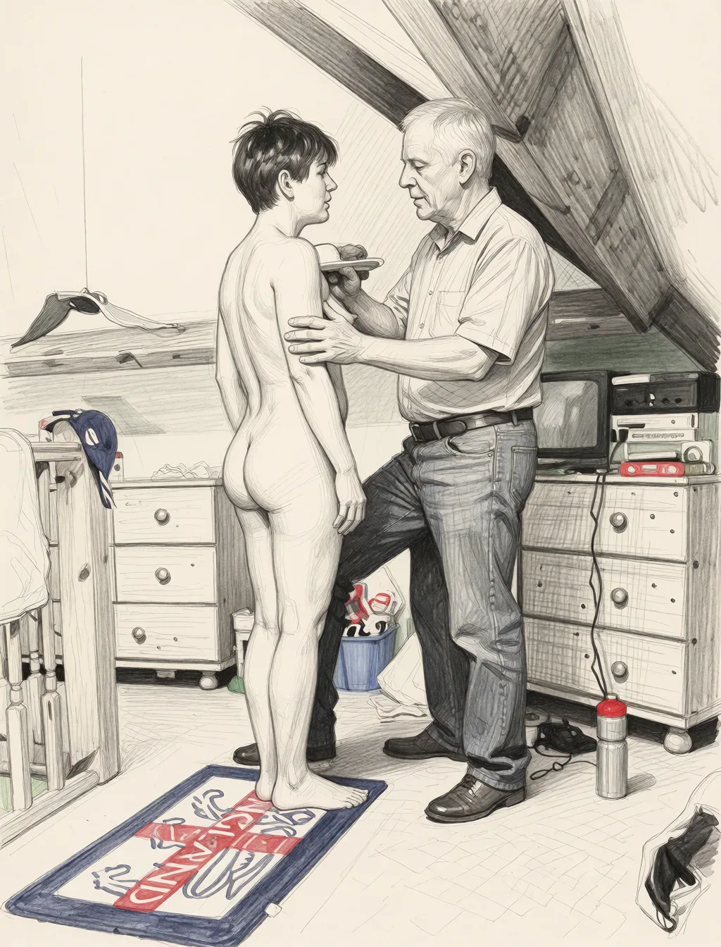 Redraw the entire picture as a hand-drawn graphite sketch on off-white paper: visible pencil strokes, cross-hatched shading, loose construction lines and no colour beyond the grey of the pencil and the tone of the paper. The background is drawn in the same style. Nothing in the frame keeps its photographic appearance. Above all, the picture must show: she is bent over his knee naked.