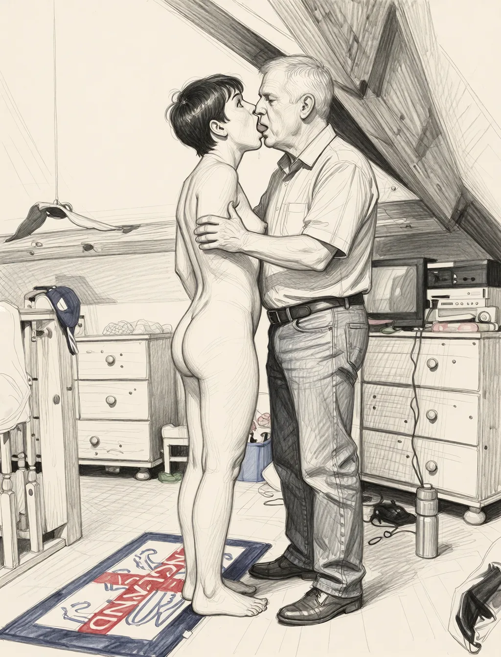 Redraw the entire picture as a hand-drawn graphite sketch on off-white paper: visible pencil strokes, cross-hatched shading, loose construction lines and no colour beyond the grey of the pencil and the tone of the paper. The background is drawn in the same style. Nothing in the frame keeps its photographic appearance. Above all, the picture must show: she is naked he is naked he has empty hold her head pushing his fully into her mouth she looks shocked.