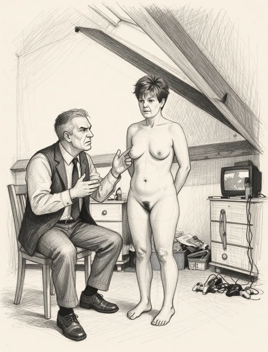 Redraw the entire picture as a hand-drawn graphite sketch on off-white paper: visible pencil strokes, cross-hatched shading, loose construction lines and no colour beyond the grey of the pencil and the tone of the paper. The background is drawn in the same style. Nothing in the frame keeps its photographic appearance. Above all, the picture must show: she is naked one of the four angry stern headmasters is sat on a chair he is telling her to come here.