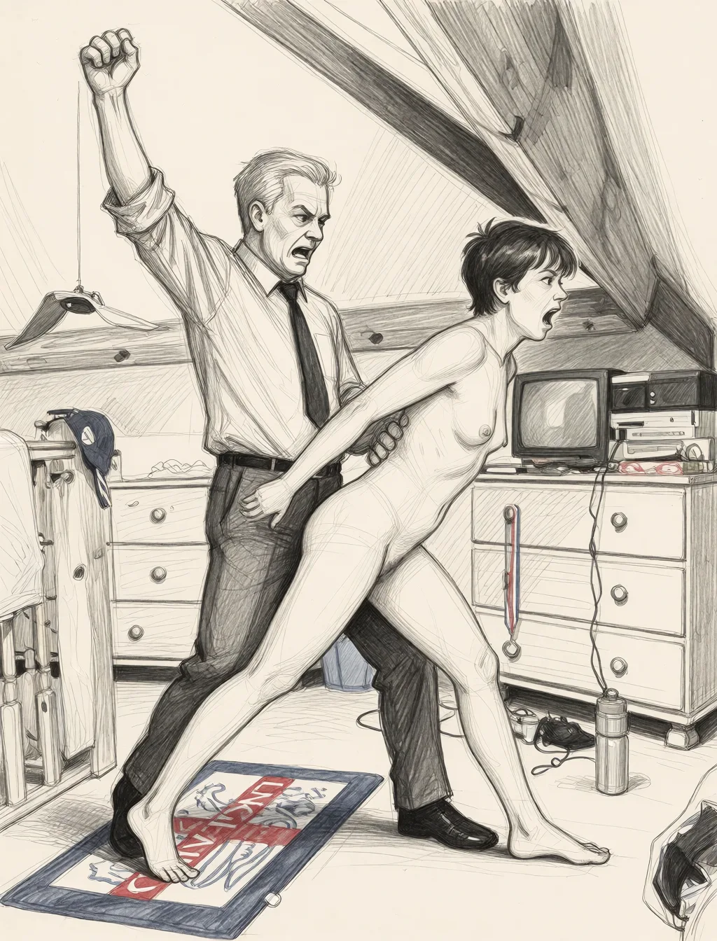 Redraw the entire picture as a hand-drawn graphite sketch on off-white paper: visible pencil strokes, cross-hatched shading, loose construction lines and no colour beyond the grey of the pencil and the tone of the paper. The background is drawn in the same style. Nothing in the frame keeps its photographic appearance. Above all, the picture must show: she is naked the angry stern headmaster pulls her length ways across his pap she shrieks he has his right sleeve rolled up arm in the air.