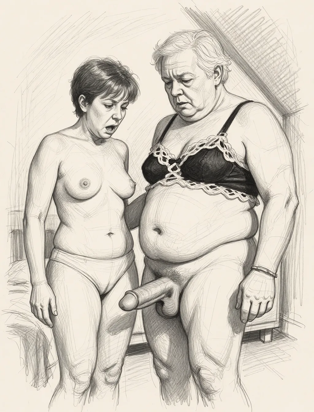 Redraw the entire picture as a hand-drawn graphite sketch on off-white paper: visible pencil strokes, cross-hatched shading, loose construction lines and no colour beyond the grey of the pencil and the tone of the paper. The background is drawn in the same style. Nothing in the frame keeps its photographic appearance. Above all, the picture must show: she is brought into the big fat naked old man dressed as a sexy maid she is shocked when she looks down at his massive fat penis.