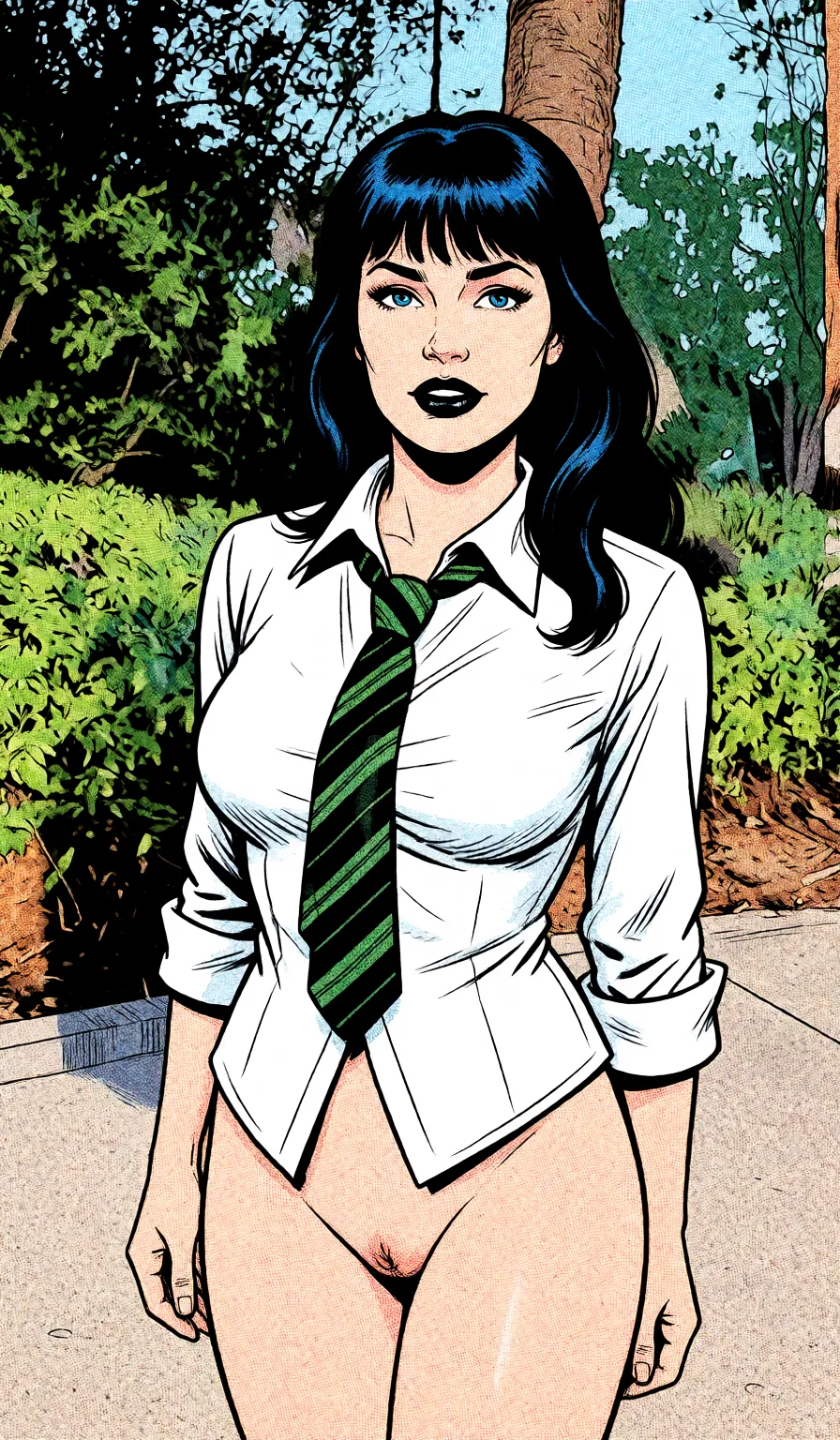 Redraw the entire picture as western comic-book art: heavy black inked outlines, hard-edged cel shading, limited high-contrast colour and visible halftone dot texture. The background is drawn in the same style. Nothing in the frame keeps its photographic appearance. Above all, the picture must show: nude.