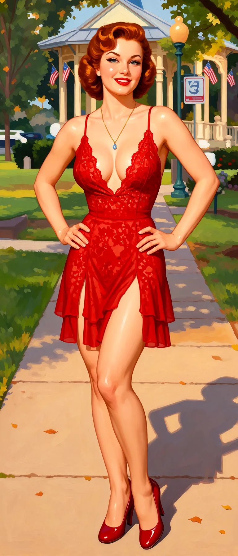 Redraw the entire picture as a retro pin-up illustration: smooth airbrushed gouache paint, warm saturated mid-century colour, clean confident outlines and glamorous stylised features, in the look of a 1950s pin-up poster. The background is painted in the same style. Nothing in the frame keeps its photographic appearance. Above all, the picture must show: Fully nude.