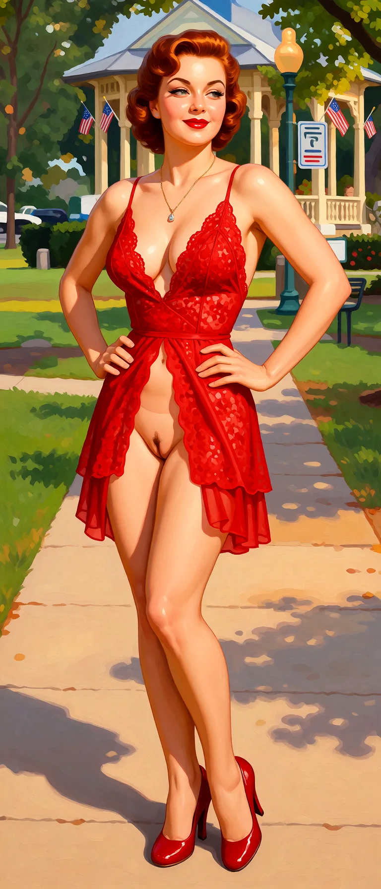 Redraw the entire picture as a retro pin-up illustration: smooth airbrushed gouache paint, warm saturated mid-century colour, clean confident outlines and glamorous stylised features, in the look of a 1950s pin-up poster. The background is painted in the same style. Nothing in the frame keeps its photographic appearance. Above all, the picture must show: nude.