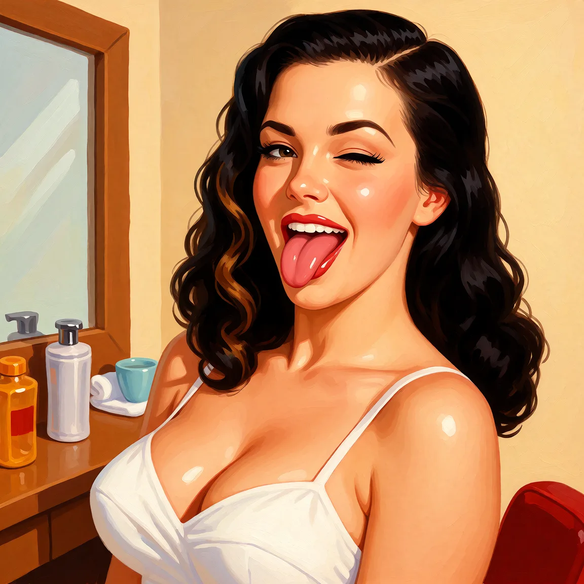 Redraw the entire picture as a retro pin-up illustration: smooth airbrushed gouache paint, warm saturated mid-century colour, clean confident outlines and glamorous stylised features, in the look of a 1950s pin-up poster. The background is painted in the same style. Nothing in the frame keeps its photographic appearance. Above all, the picture must show: zooms out to reveal busty slender body, winks at camera while sticking tongue out.