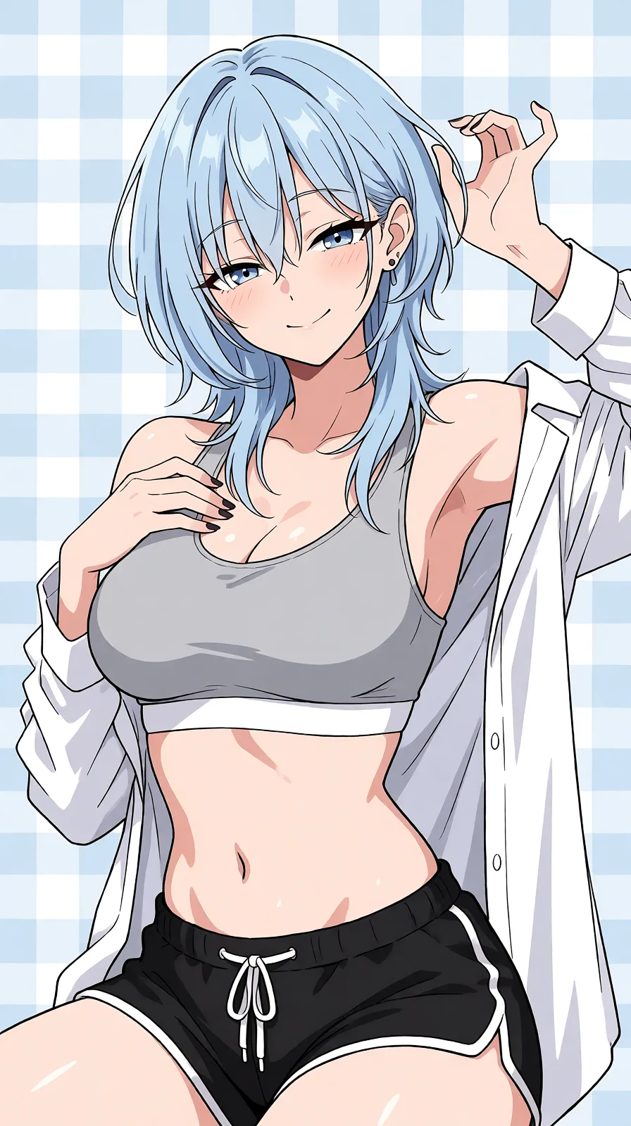 Redraw the entire picture as a hand-drawn anime illustration in flat cel-shaded anime style. It stays the same person with the same face, the same expression, the same hair and the same skin tone, and every other detail of the photograph is kept exactly as it is: nothing is added, removed, moved, uncovered or recoloured. Only the medium changes, and no part of the picture is left photographic. Above all, the picture must show: She started squeezing her tits, then masturbating and filming She started squeezing her tits, then masturbating and taking off her clothes.