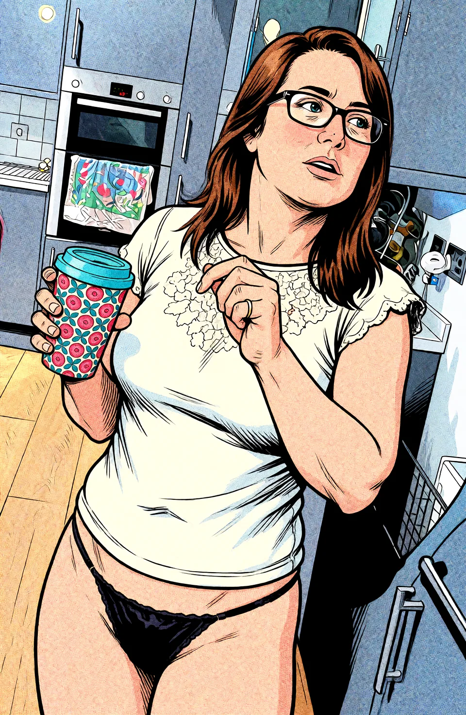 Redraw the entire picture as western comic-book art: heavy black inked outlines, hard-edged cel shading, limited high-contrast colour and visible halftone dot texture. The background is drawn in the same style. Nothing in the frame keeps its photographic appearance. Above all, the picture must show: Naked but for tiny black silk thong.