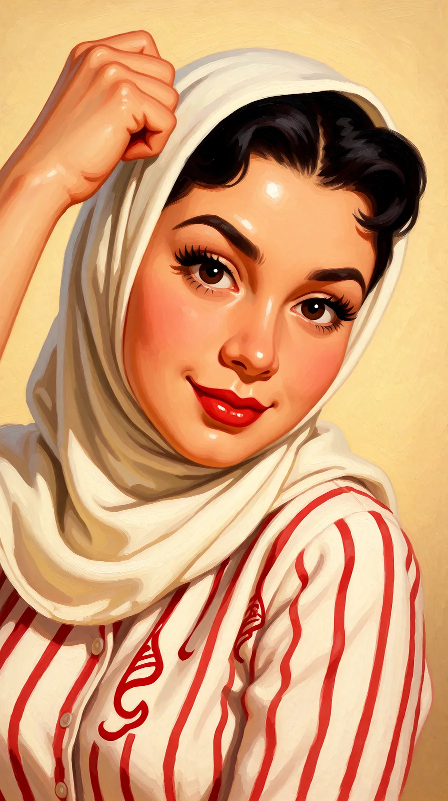 Redraw the entire picture as a retro pin-up illustration: smooth airbrushed gouache paint, warm saturated mid-century colour, clean confident outlines and glamorous stylised features, in the look of a 1950s pin-up poster. The background is painted in the same style. Nothing in the frame keeps its photographic appearance. Above all, the picture must show: Menunjukkan payudara besar yang indah.
