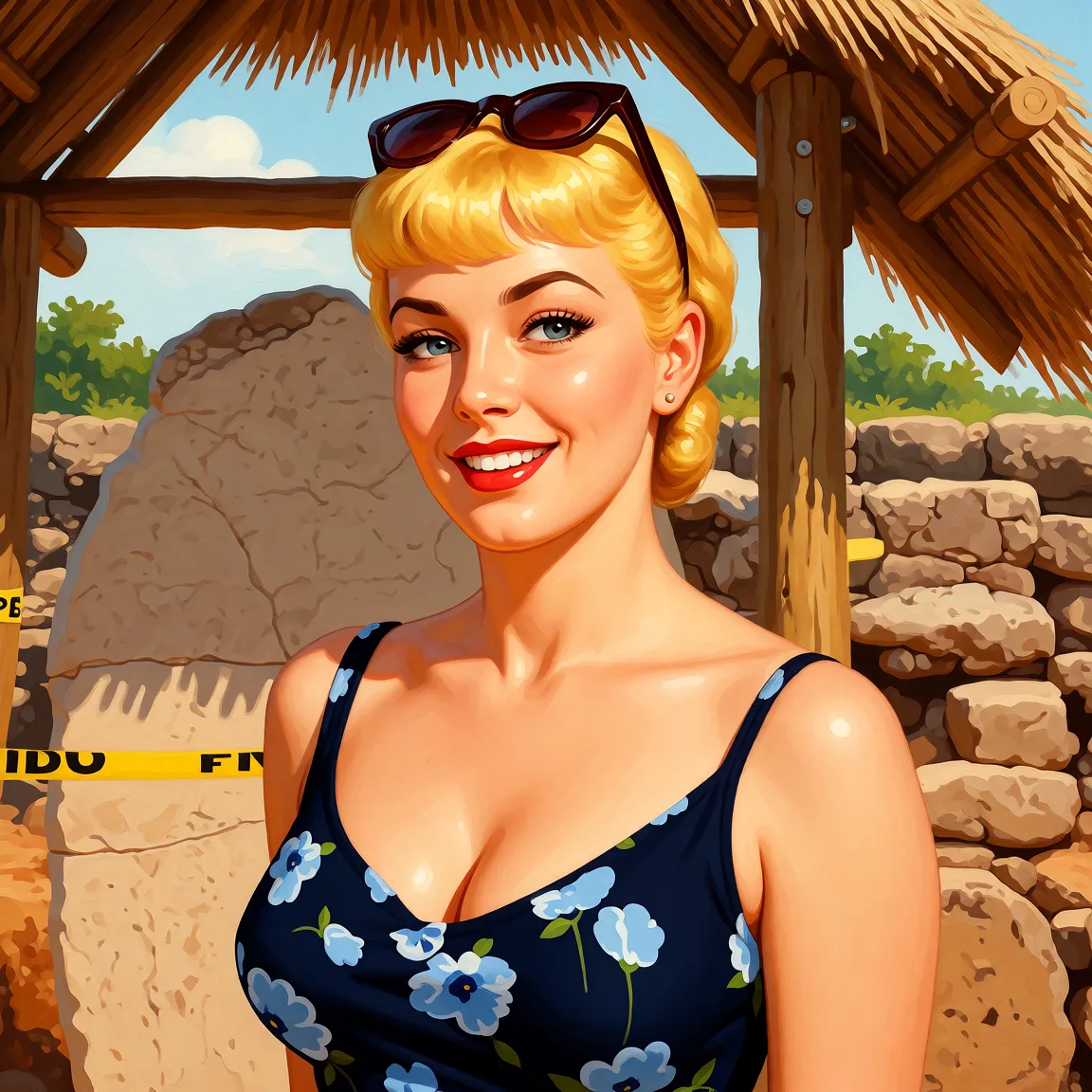Redraw the entire picture as a retro pin-up illustration: smooth airbrushed gouache paint, warm saturated mid-century colour, clean confident outlines and glamorous stylised features, in the look of a 1950s pin-up poster. The background is painted in the same style. Nothing in the frame keeps its photographic appearance. Above all, the picture must show: SUR E DOS GROS SEINS CHATTE POILUE BRUNE PRENDS UNE ENORME BITE DANS LA CHATTE.