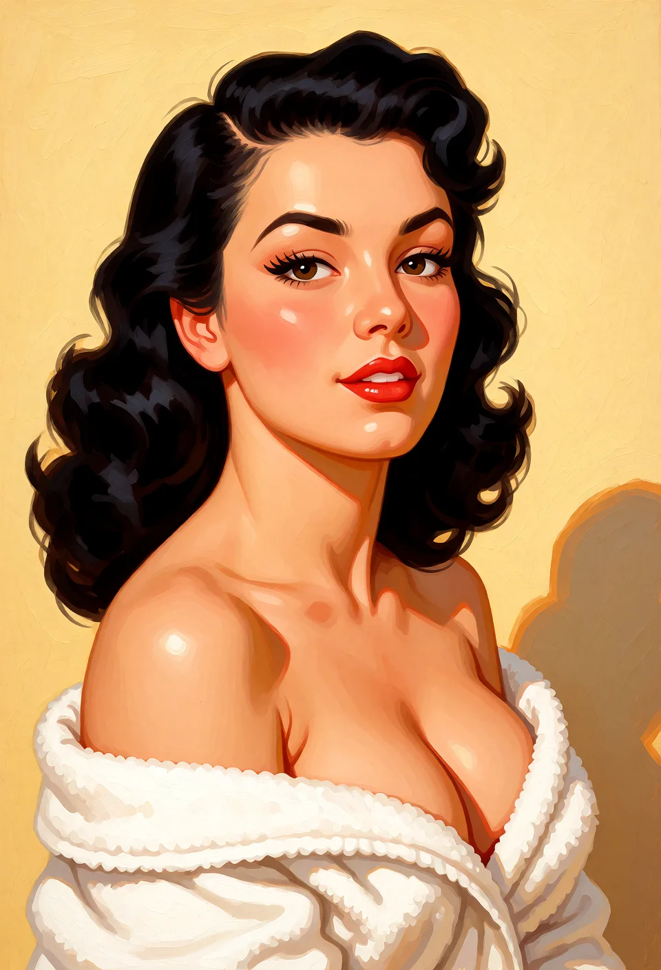 Redraw the entire picture as a retro pin-up illustration: smooth airbrushed gouache paint, warm saturated mid-century colour, clean confident outlines and glamorous stylised features, in the look of a 1950s pin-up poster. The background is painted in the same style. Nothing in the frame keeps its photographic appearance. Above all, the picture must show: Takes towel off-shoulder_shirt.