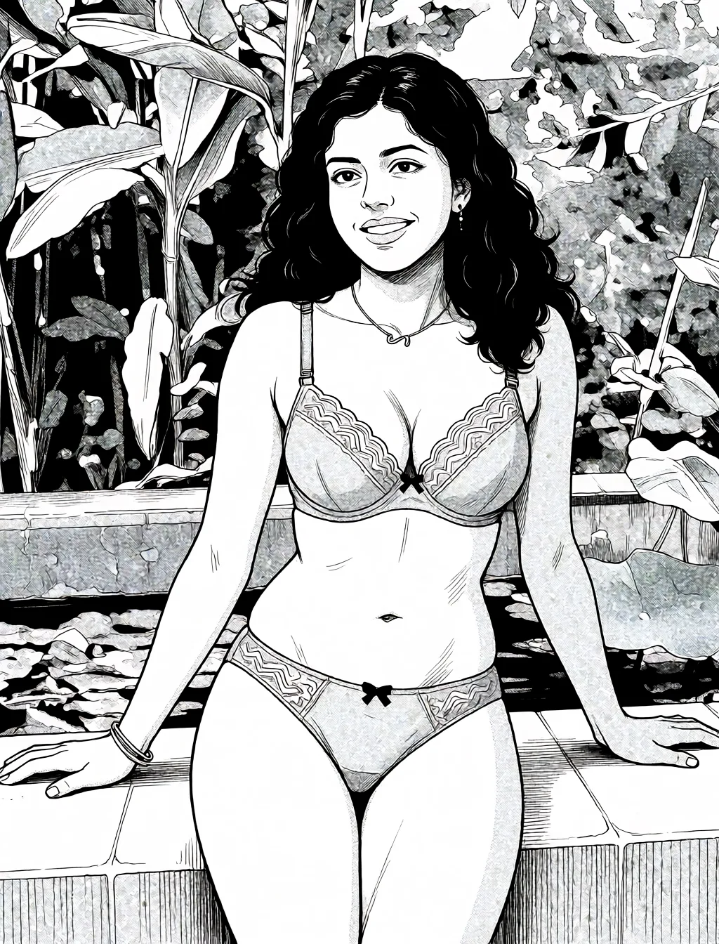 Redraw the entire picture as a black and white manga page: crisp black ink line art, no colour anywhere, flat halftone screentone shading, hatched shadows and clean white highlights, in the look of a printed manga panel. The background is drawn in the same style. Nothing in the frame keeps its photographic appearance. Above all, the picture must show: lingerie.