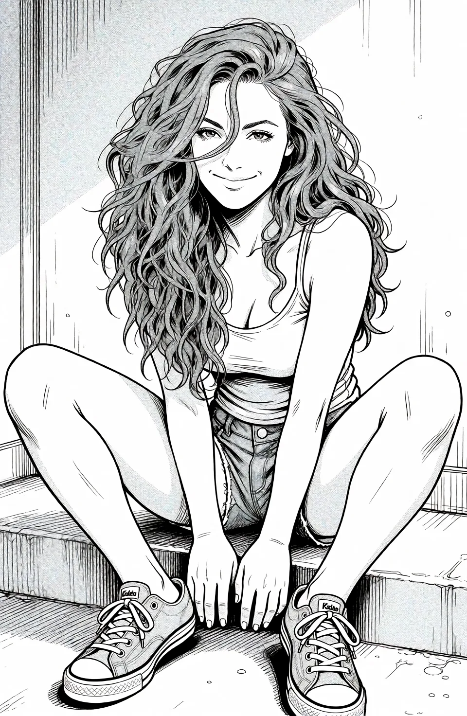 Redraw the entire picture as a black and white manga page: crisp black ink line art, no colour anywhere, flat halftone screentone shading, hatched shadows and clean white highlights, in the look of a printed manga panel. The background is drawn in the same style. Nothing in the frame keeps its photographic appearance. Above all, the picture must show: remove teh clothes keep the shoes.