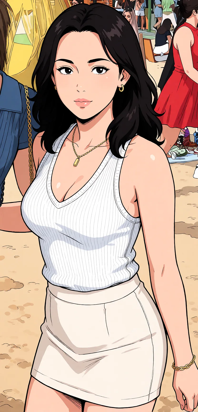 Redraw the entire picture as a hand-drawn anime illustration in flat cel-shaded anime style. It stays the same person with the same face, the same expression, the same hair and the same skin tone, and every other detail of the photograph is kept exactly as it is: nothing is added, removed, moved, uncovered or recoloured. Only the medium changes, and no part of the picture is left photographic. Above all, the picture must show: Девушка снимает одежду а затем подходит мужчина и начинает лизать и сосать её грудь.