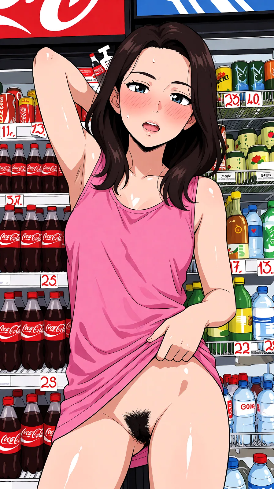 Redraw the entire picture as a hand-drawn anime illustration in flat cel-shaded anime style. It stays the same person with the same face, the same expression, the same hair and the same skin tone, and every other detail of the photograph is kept exactly as it is: nothing is added, removed, moved, uncovered or recoloured. Only the medium changes, and no part of the picture is left photographic. Above all, the picture must show: flushed face, oiled body.