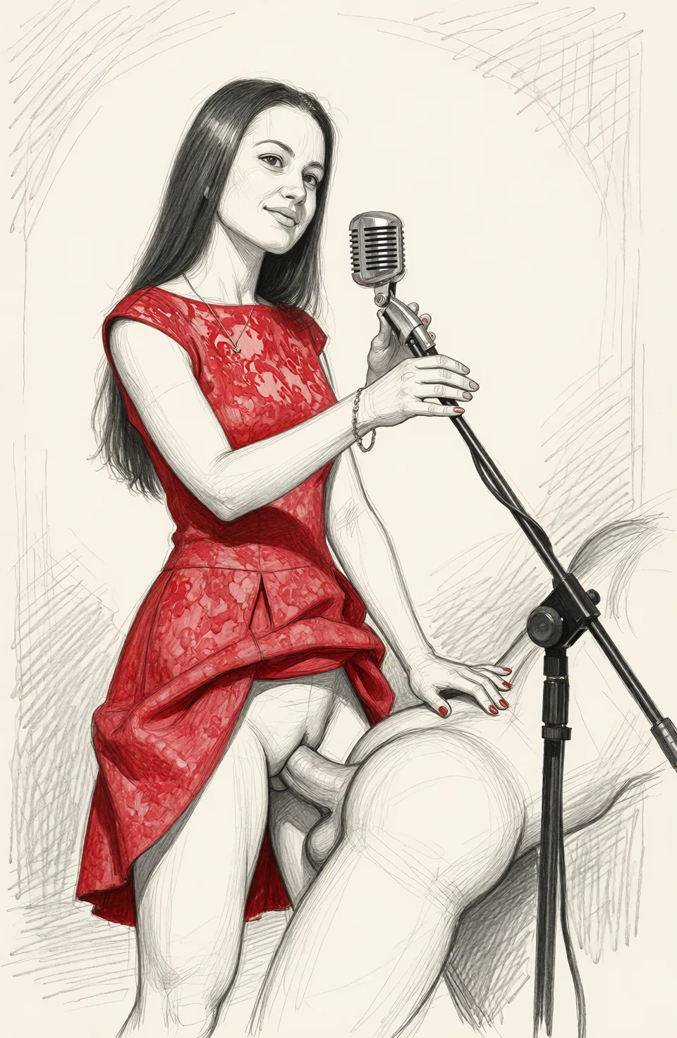 Redraw the entire picture as a hand-drawn graphite sketch on off-white paper: visible pencil strokes, cross-hatched shading, loose construction lines and no colour beyond the grey of the pencil and the tone of the paper. The background is drawn in the same style. Nothing in the frame keeps its photographic appearance. Above all, the picture must show: Anal sex.