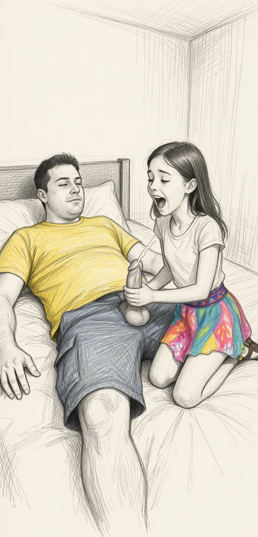 Redraw the entire picture as a hand-drawn graphite sketch on off-white paper: visible pencil strokes, cross-hatched shading, loose construction lines and no colour beyond the grey of the pencil and the tone of the paper. The background is drawn in the same style. Nothing in the frame keeps its photographic appearance. Above all, the picture must show: He is laying down on a bed, she is short and skinny, she is kneeling next to him on bed, she is holding his penis, he is shooting cum, she is excited.