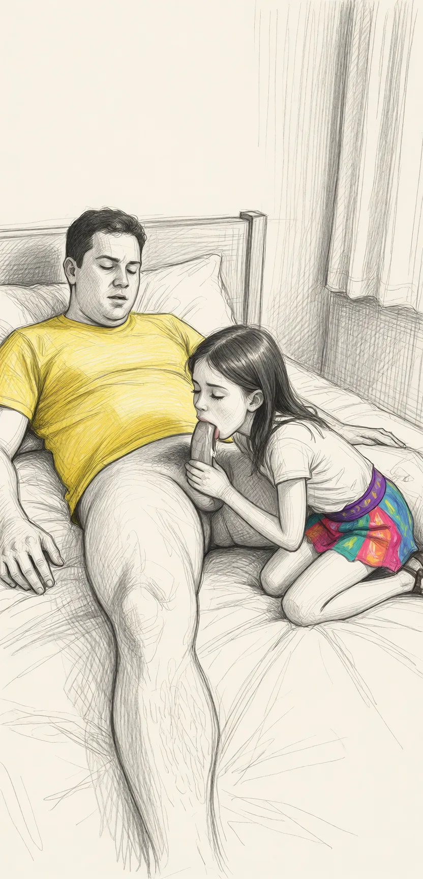 Redraw the entire picture as a hand-drawn graphite sketch on off-white paper: visible pencil strokes, cross-hatched shading, loose construction lines and no colour beyond the grey of the pencil and the tone of the paper. The background is drawn in the same style. Nothing in the frame keeps its photographic appearance. Above all, the picture must show: He is laying down on a bed, she is short and skinny, she is kneeling next to him on the bed, she is sucking his penis, he cums in her mouth.