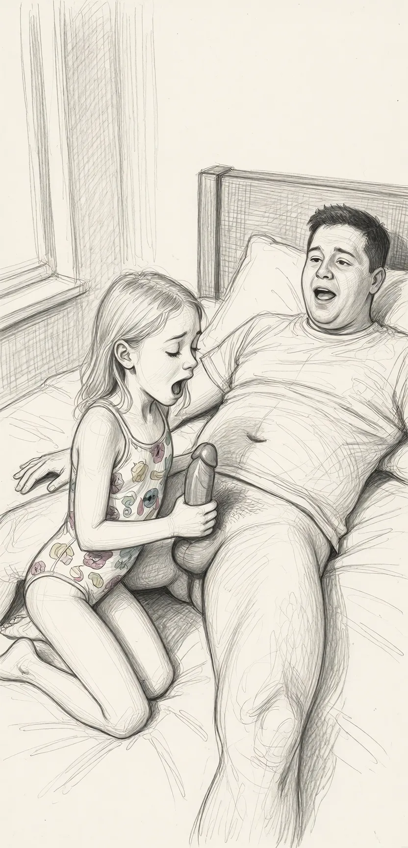 Redraw the entire picture as a hand-drawn graphite sketch on off-white paper: visible pencil strokes, cross-hatched shading, loose construction lines and no colour beyond the grey of the pencil and the tone of the paper. The background is drawn in the same style. Nothing in the frame keeps its photographic appearance. Above all, the picture must show: He is laying on a bed, she is short and skinny, she is kneeling next to him, she is holding his penis, he is shooting cum, she is excited.