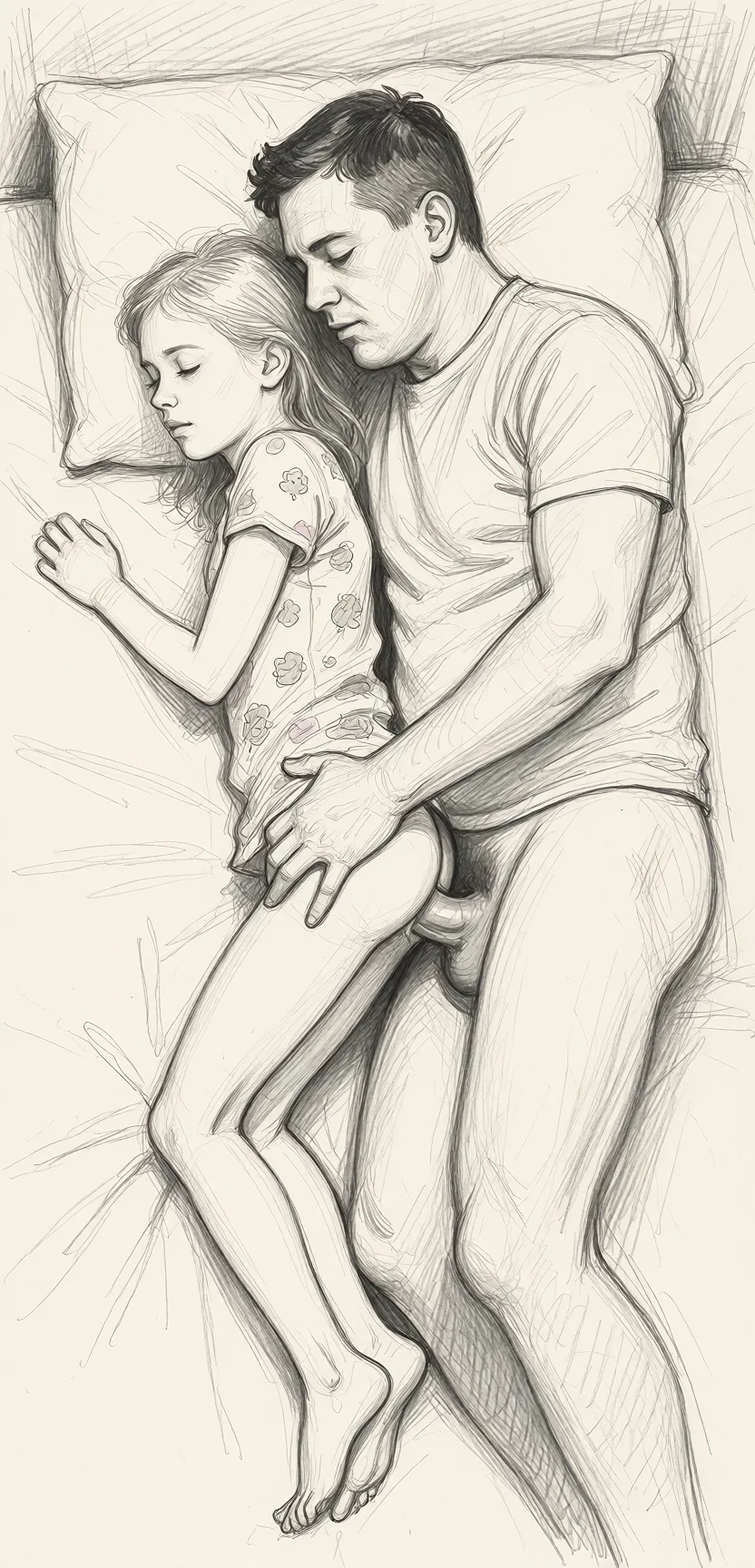 Redraw the entire picture as a hand-drawn graphite sketch on off-white paper: visible pencil strokes, cross-hatched shading, loose construction lines and no colour beyond the grey of the pencil and the tone of the paper. The background is drawn in the same style. Nothing in the frame keeps its photographic appearance. Above all, the picture must show: He is laying down on a bed, she is short and skinny, she is wearing a nightgown, he is squeezing her butt, his penis is in her pussy, he cums in her pussy, she orgasm.