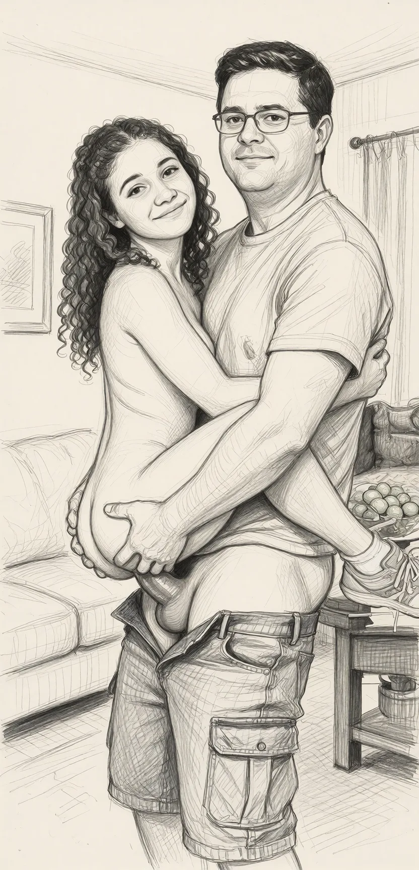 Redraw the entire picture as a hand-drawn graphite sketch on off-white paper: visible pencil strokes, cross-hatched shading, loose construction lines and no colour beyond the grey of the pencil and the tone of the paper. The background is drawn in the same style. Nothing in the frame keeps its photographic appearance. Above all, the picture must show: Clothes off, having sex, he cums, she orgasm.