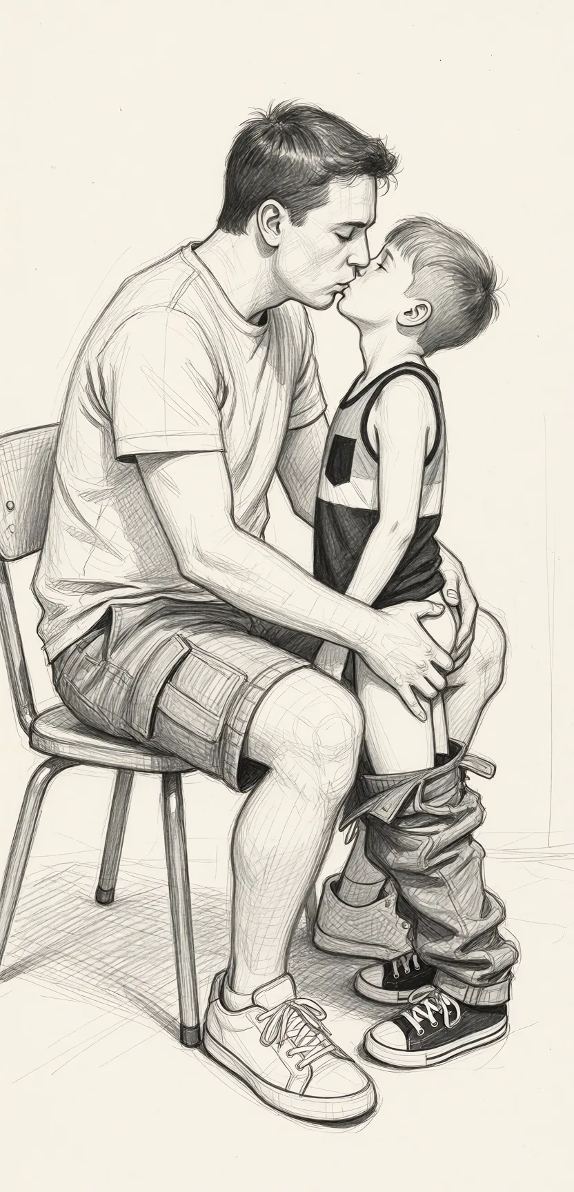 Redraw the entire picture as a hand-drawn graphite sketch on off-white paper: visible pencil strokes, cross-hatched shading, loose construction lines and no colour beyond the grey of the pencil and the tone of the paper. The background is drawn in the same style. Nothing in the frame keeps its photographic appearance. Above all, the picture must show: Tall guy is sitting on a chair, tall guy is leaning down and French kissing short guy, short guy's pants are pushed down, tall guy is groping short guys butt.