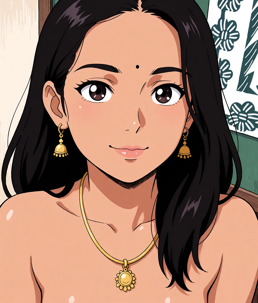 Redraw the entire picture as a hand-drawn anime illustration in flat cel-shaded anime style. It stays the same person with the same face, the same expression, the same hair and the same skin tone, and every other detail of the photograph is kept exactly as it is: nothing is added, removed, moved, uncovered or recoloured. Only the medium changes, and no part of the picture is left photographic. Above all, the picture must show: nude.